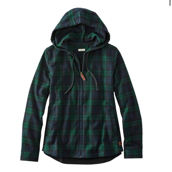 LL Bean Green and Blue Black Watch Plaid Hooded Jacket LP - Picture 1 of 9